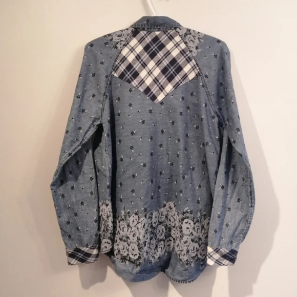 Free People Dottie Over You Chambray Button Up Floral and Plaid Blouse Medium - Picture 3 of 16